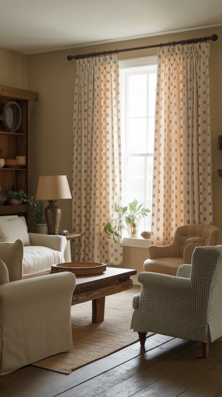 Cozy Retreat Featuring Neutral Tones and Patterned Drapes