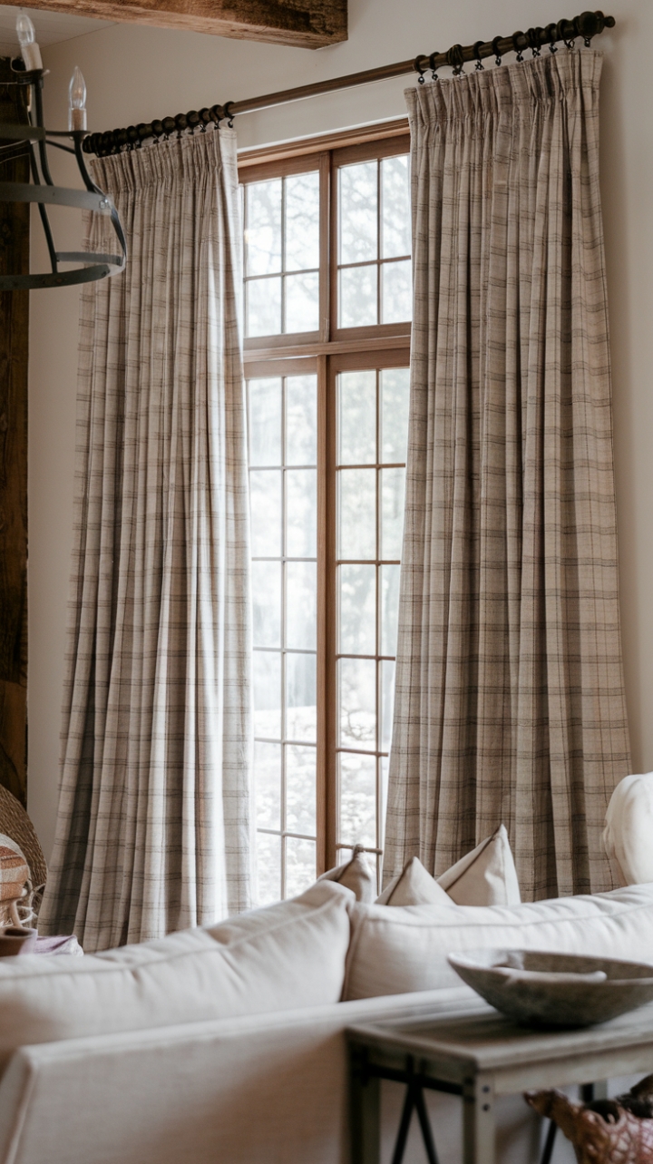 Classic Country Style: Neutral Linen Buffalo Check Drapes Frame a Cozy Space