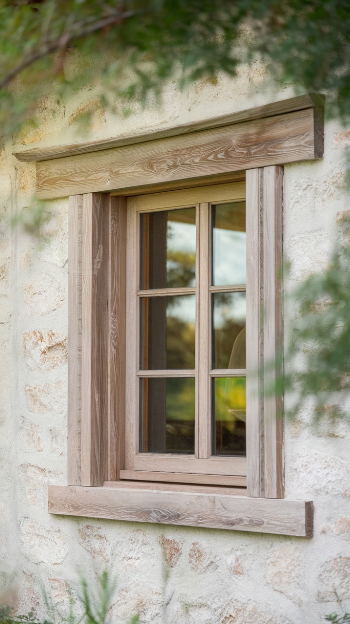 Farmhouse Elegance: White Wood Trim Complements Stone Wall and Greenery