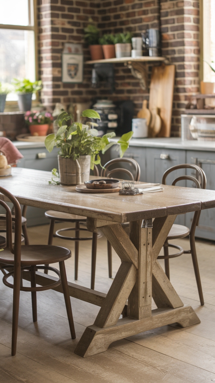 Timeless Elegance: Distressed Wood and Curved Chairs in a Warm Dining Space