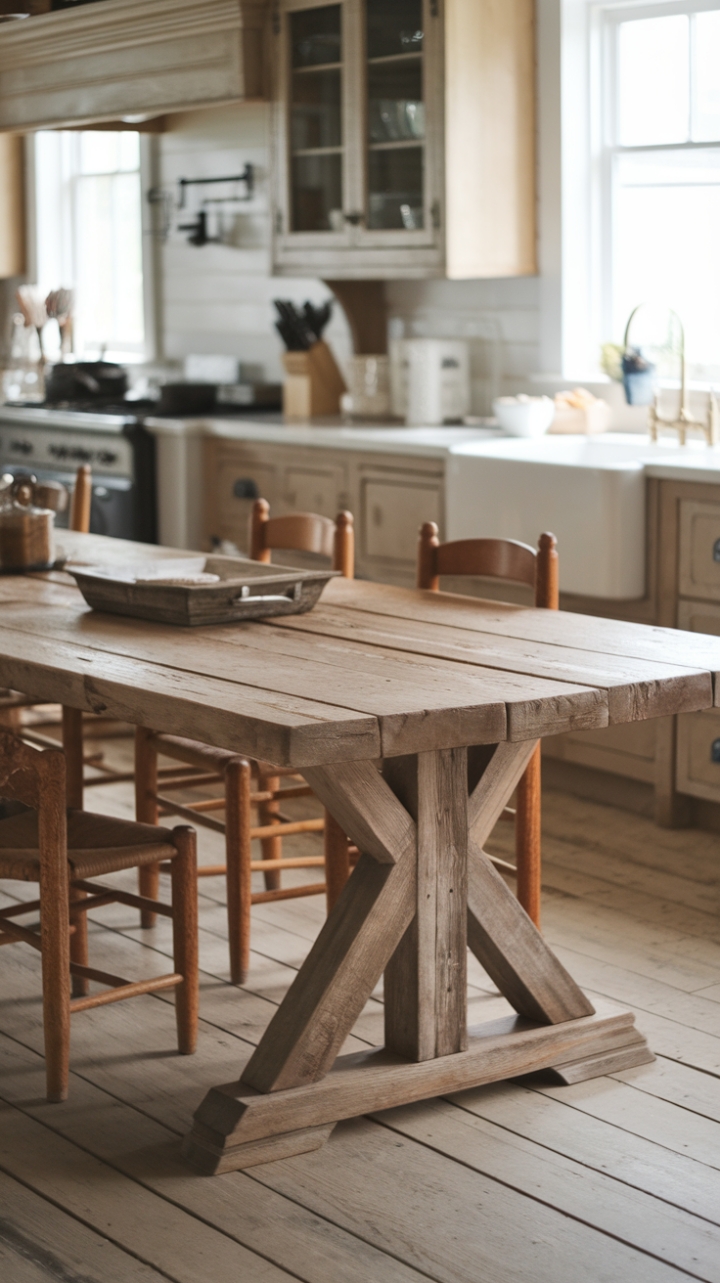 Farmhouse Charm: Reclaimed Wood Dining Table with Trestle Base