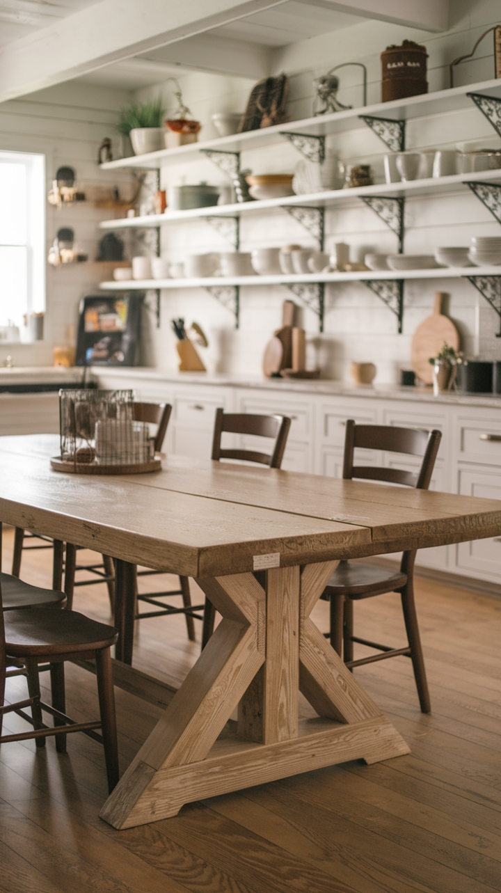 Rustic Charm: Barnwood Dining Table and Open Shelving