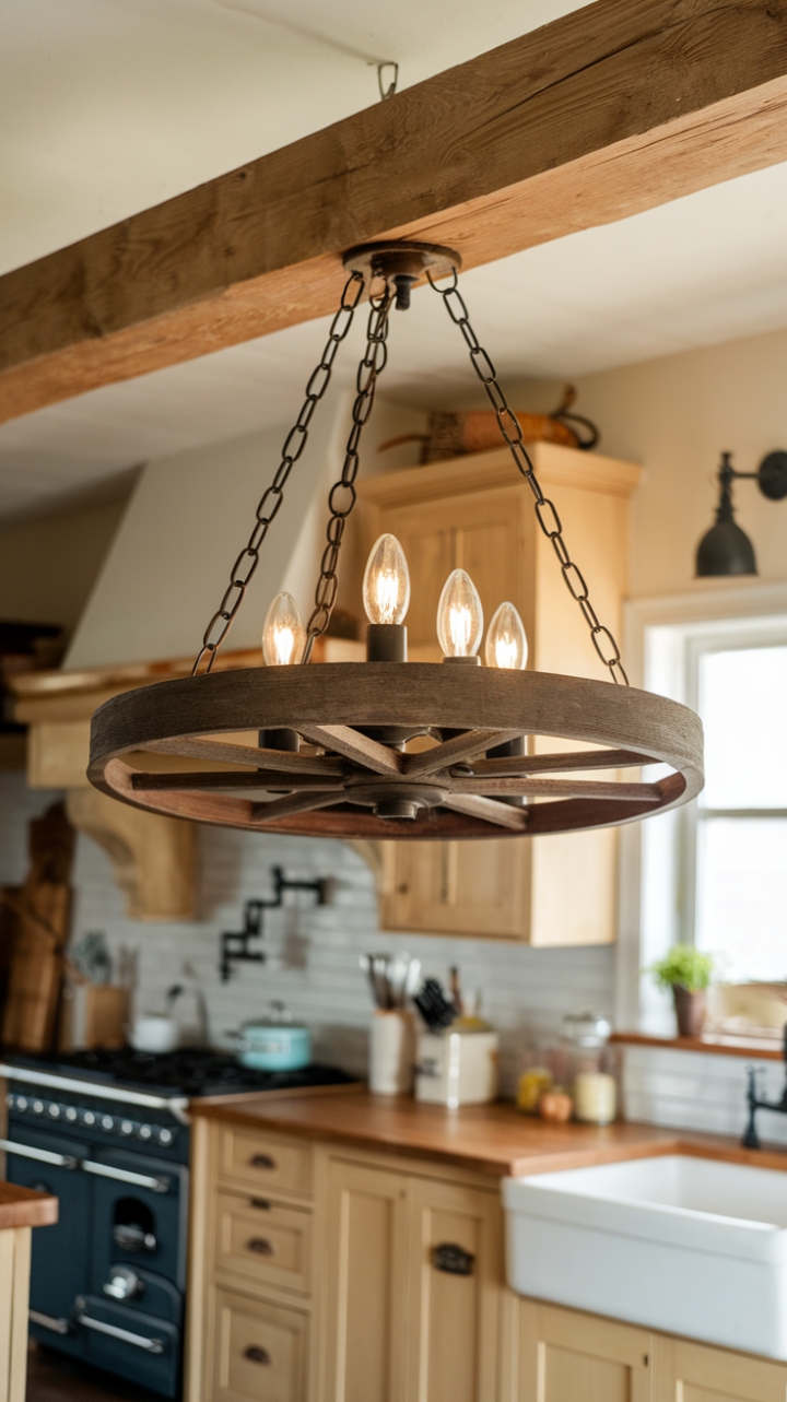 Warm Glow: Farmhouse Kitchen Enhanced by Rustic Wagon Wheel Chandelier