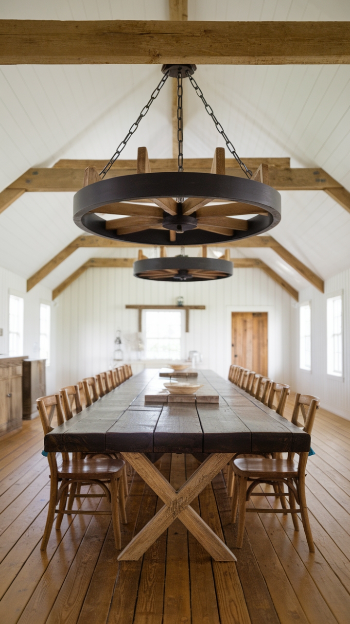 Rustic Elegance: Wagon Wheel Chandelier Enhances Farmhouse Dining Room