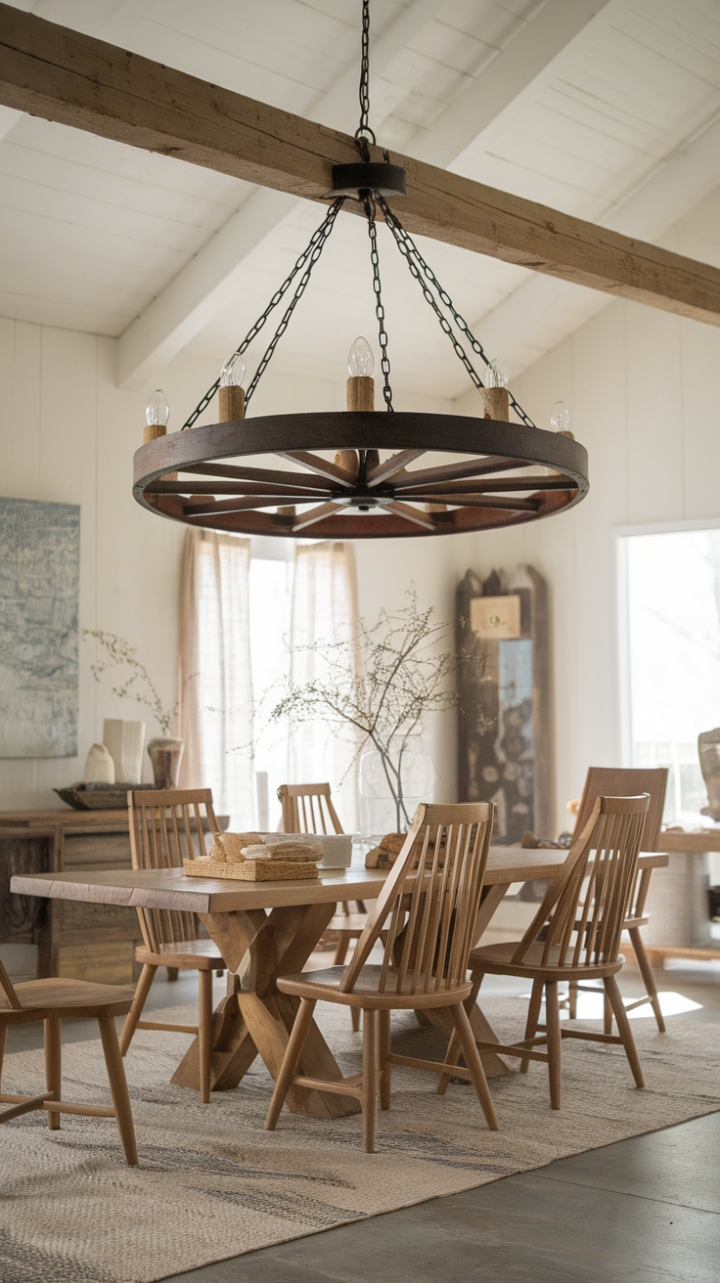 Farmhouse Charm: Wagon Wheel Chandelier Enhances Dining Room