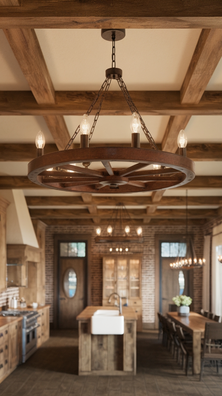 Rustic Charm: Wagon Wheel Chandelier Enhances Country Kitchen