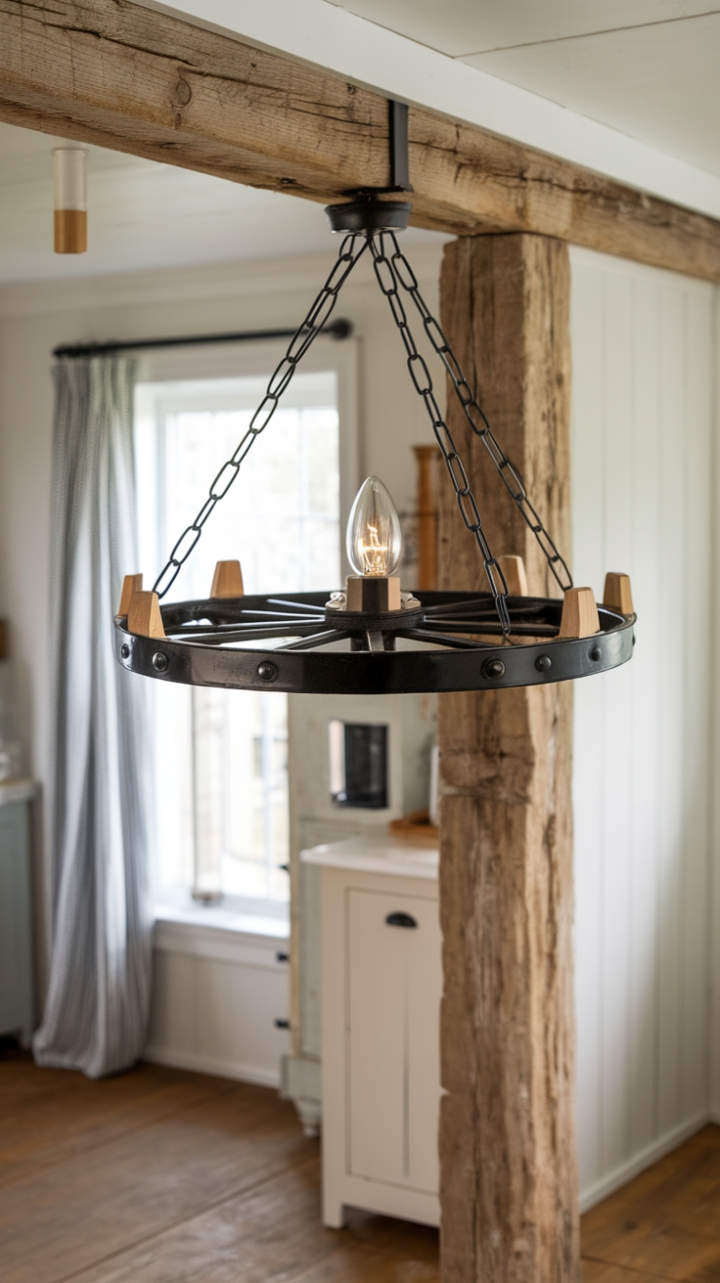 Rustic Wagon Wheel Chandelier Enhances Farmhouse Kitchen Charm