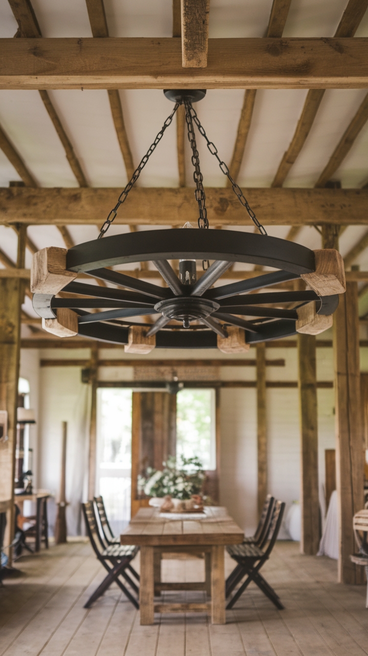 Rustic Elegance: Wagon Wheel Chandelier Anchors Farmhouse Dining Room