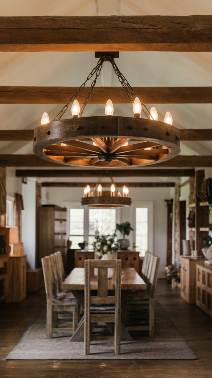 Cozy Farmhouse Dining Room with Wagon Wheel Chandelier