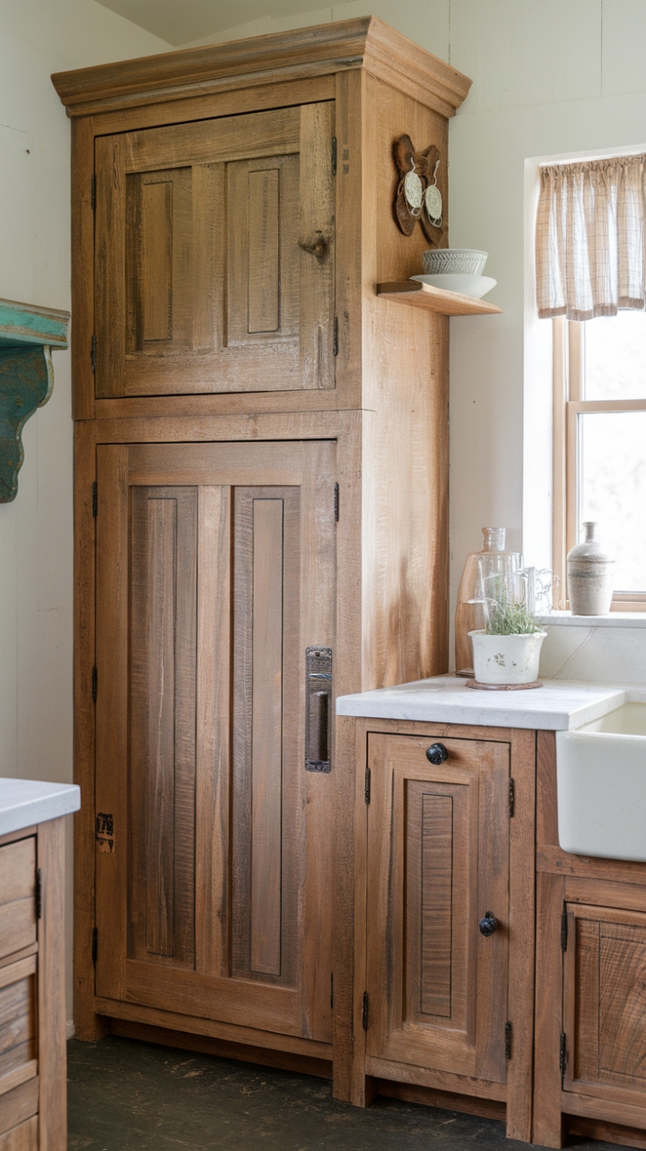 Cozy Farmhouse Vibe Elevated by Shaker-Style Cabinet and Distressed Finish