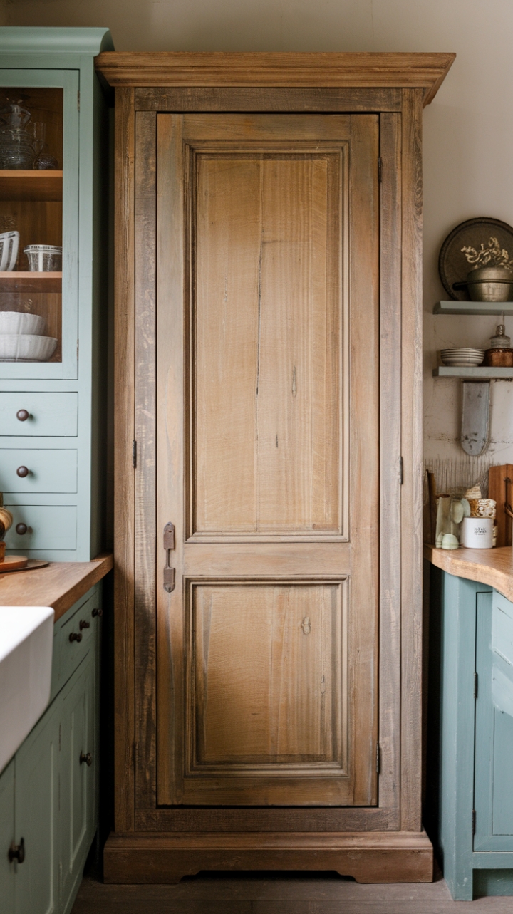 Country Elegance: Distressed Wood Cabinet as Focal Point