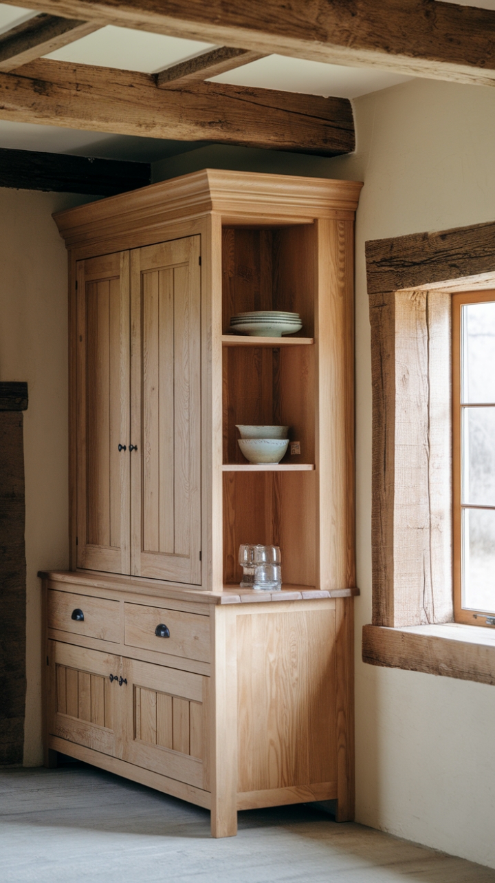 Rustic Charm: Wall-Mounted Shaker Cabinet in a Cozy Farmhouse Kitchen