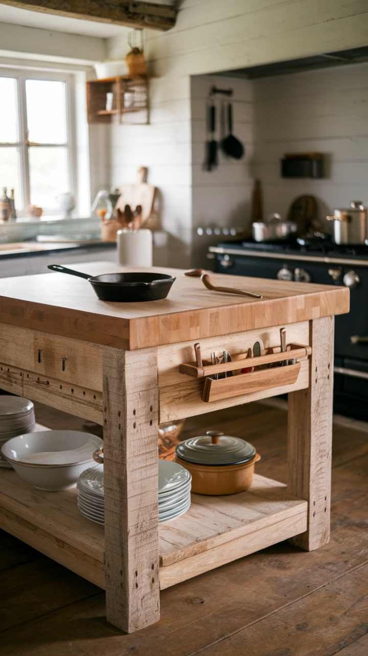 Charming Farmhouse Kitchen with Rustic Island and Vintage Touches