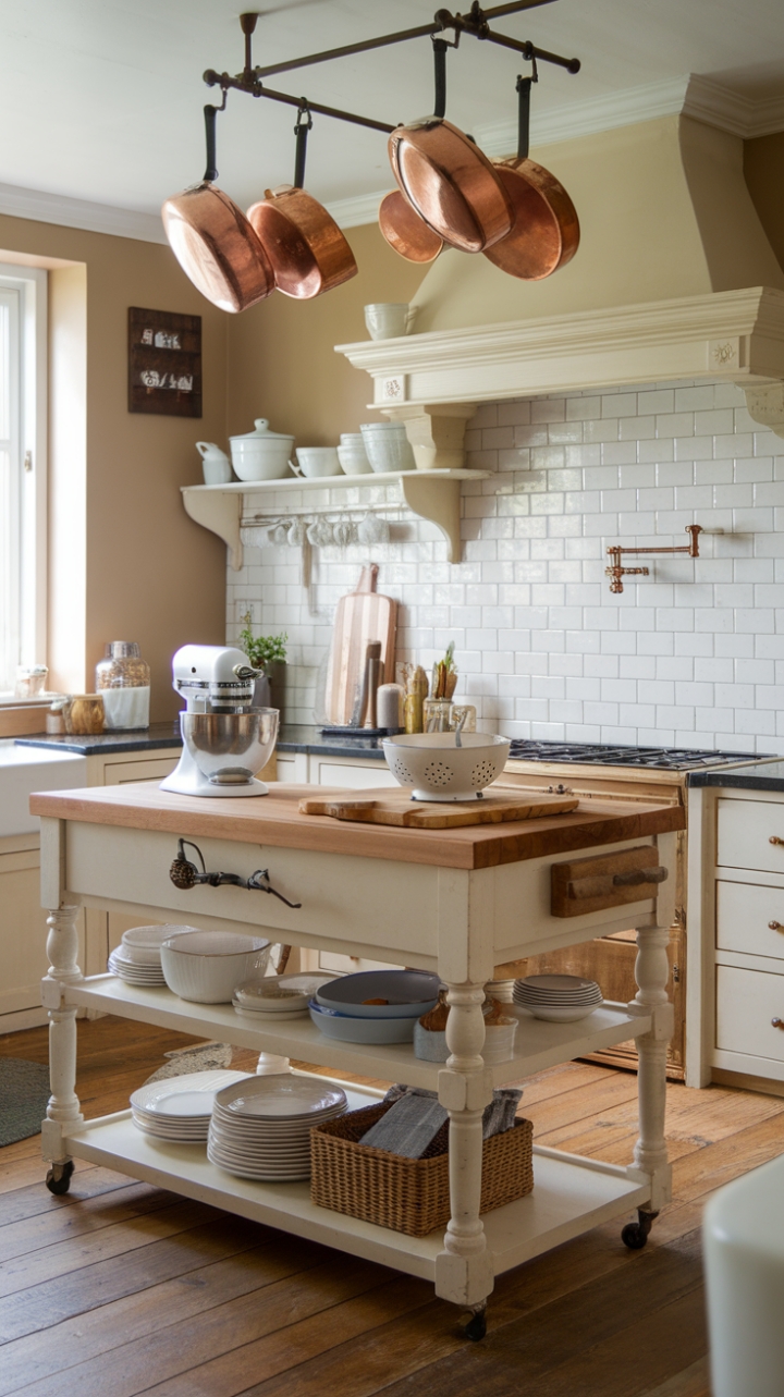 Classic Charm: A Cozy Kitchen Featuring a Butcher Block Island and Copper Accents