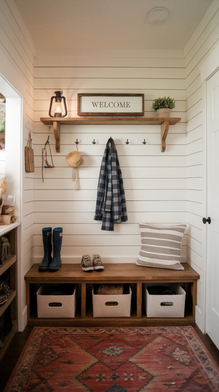 Rustic Welcome: Bright and Functional Mudroom with Shiplap Walls and Cozy Details