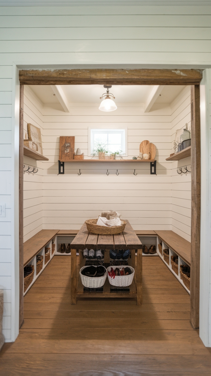 Charming Rustic Mudroom with Warm Wooden Details