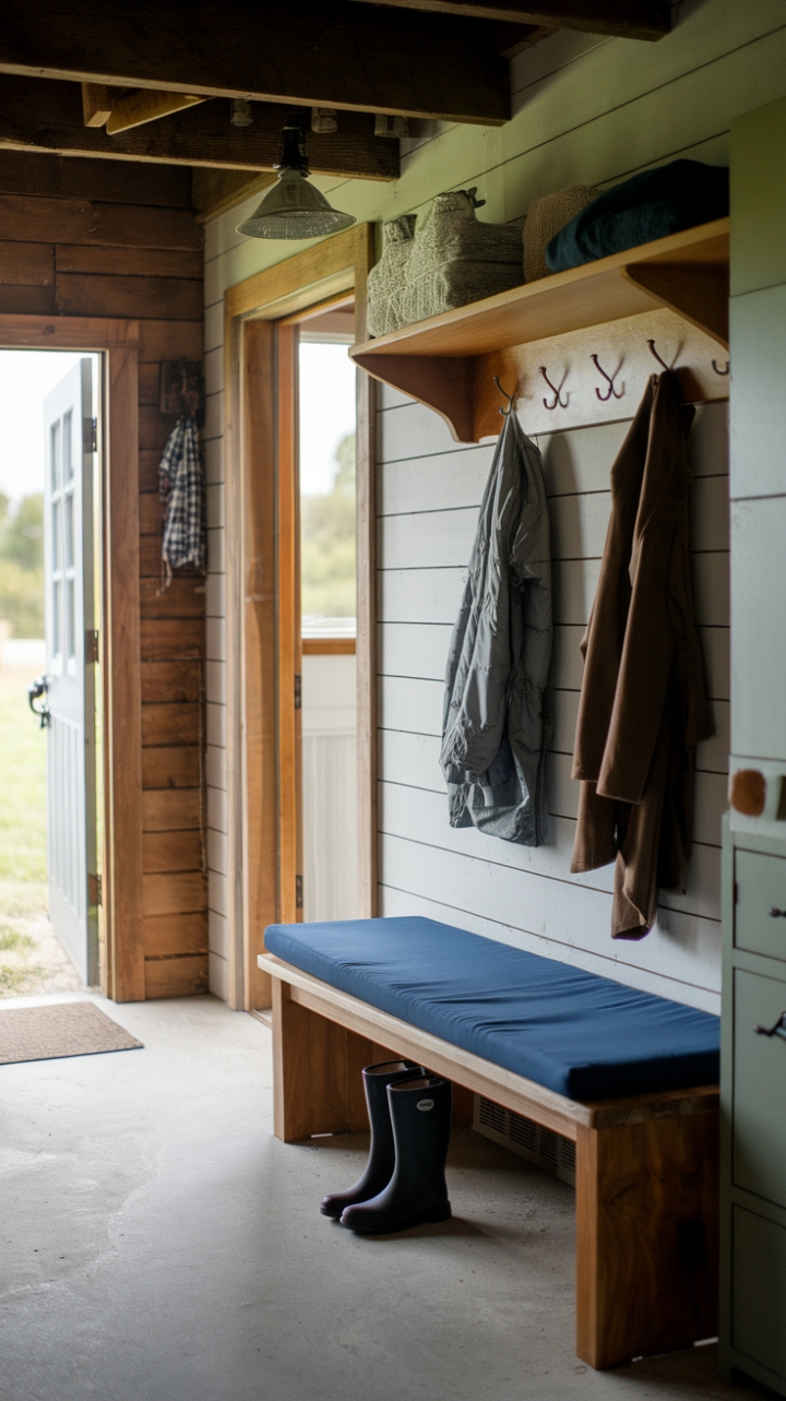 A Warm Welcome: Stylish Mudroom with Natural Wood and Soft Blue