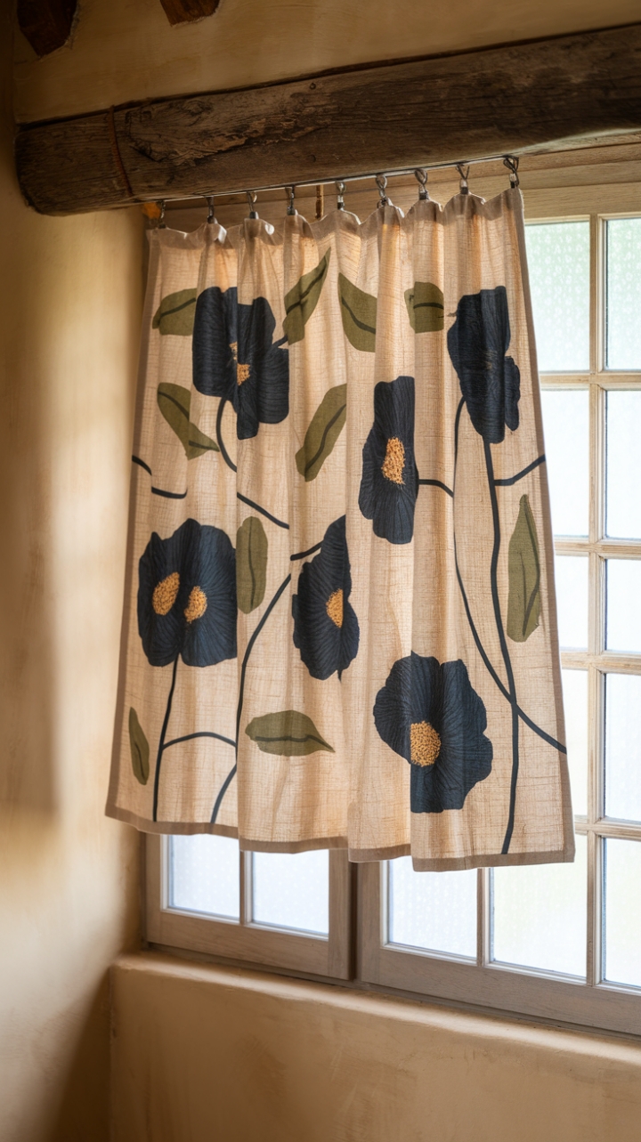 Country Charm: Blue and Green Floral Curtain with Wooden Beam Accent