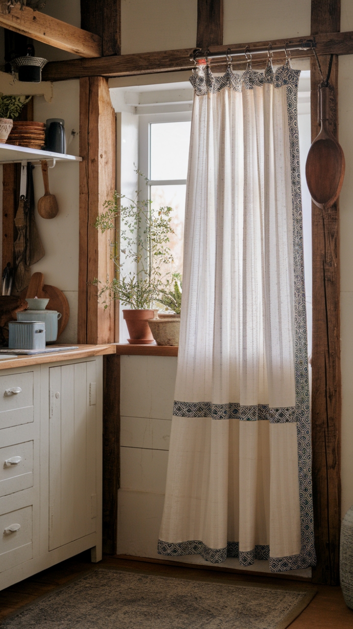 Rustic Elegance: White Fabric Curtain with Blue Border