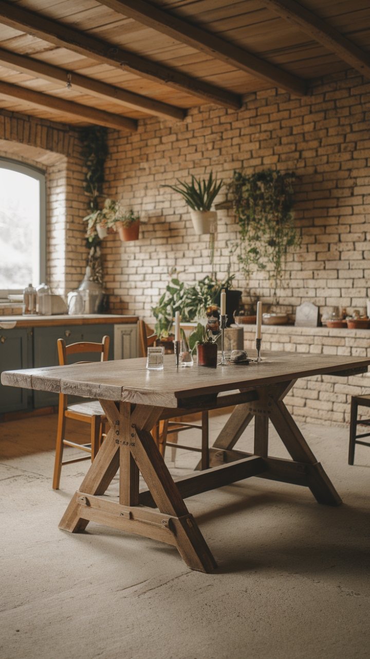 Rustic Reclaimed Wood Trestle Table Enhances Country Charm in Kitchen