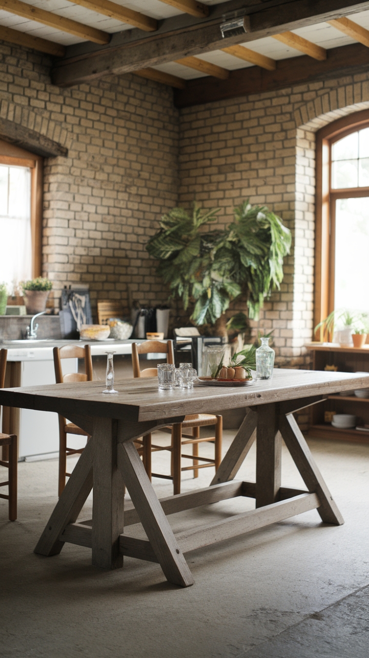 Rustic Elegance: Reclaimed Wood Table and Exposed Brick Charm