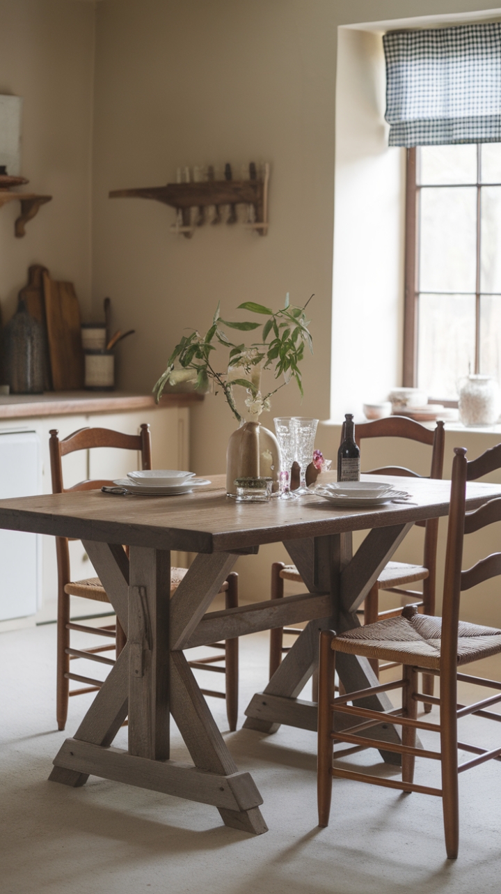 Country Charm: A Rustic Table and Woven Chairs Create a Warm Gathering Spot