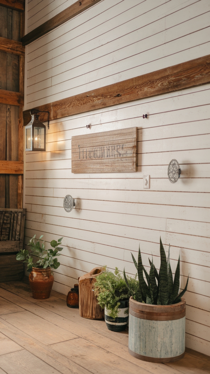 Rustic Charm: Whitewashed Shiplap and Natural Accents