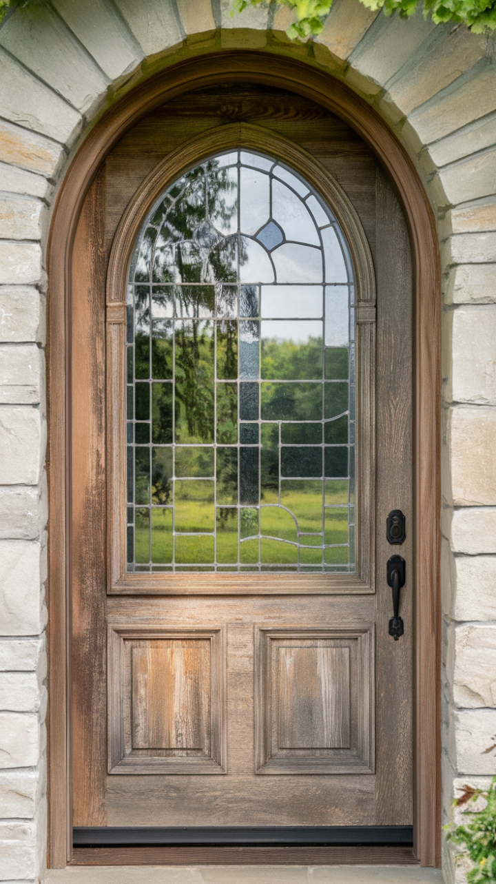 Charming Rustic Farmhouse Door with Aged Wood and Stained Glass