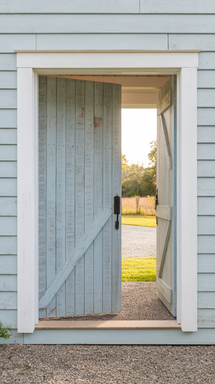 Charming Light Blue Door with Rustic Charm and Modern Farmhouse Appeal