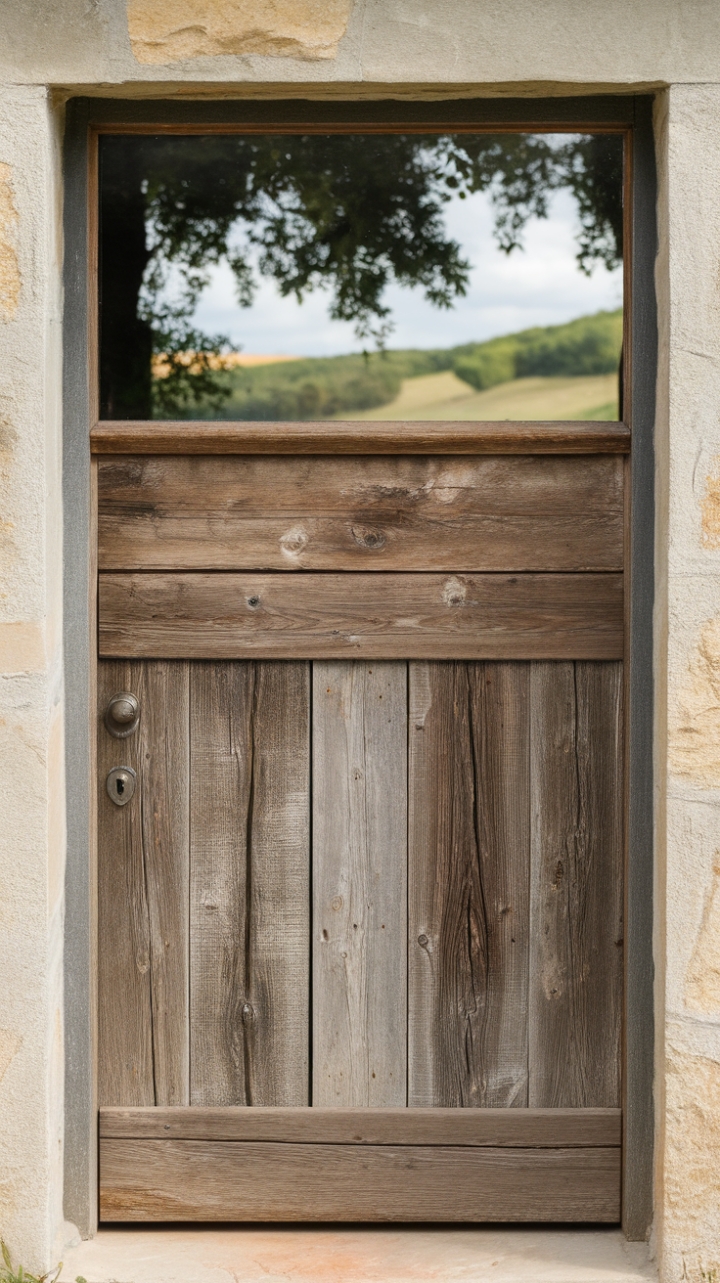 Serene Entrance: Rustic Farmhouse Door in Stone Frame