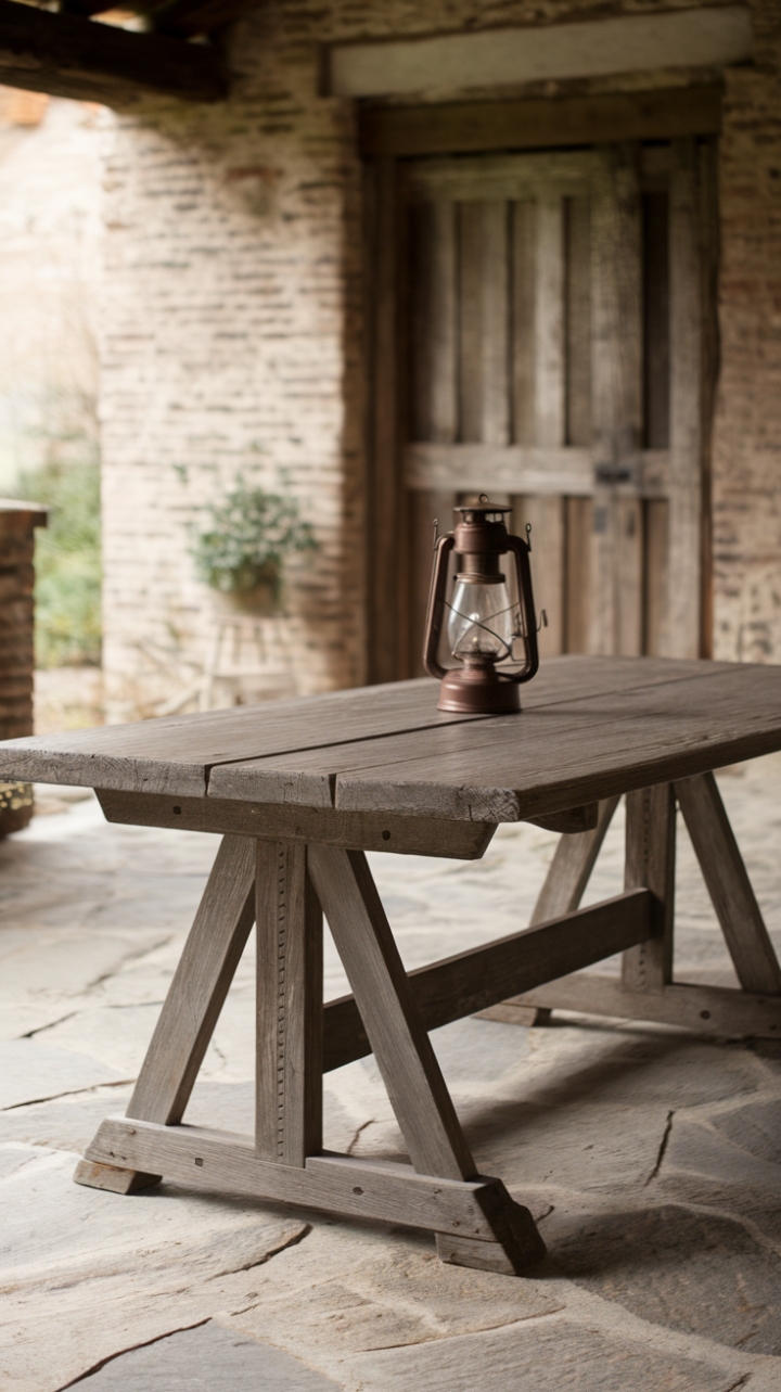 Country Charm: Reclaimed Wood Dining Table with Trestle Base and Vintage Lantern