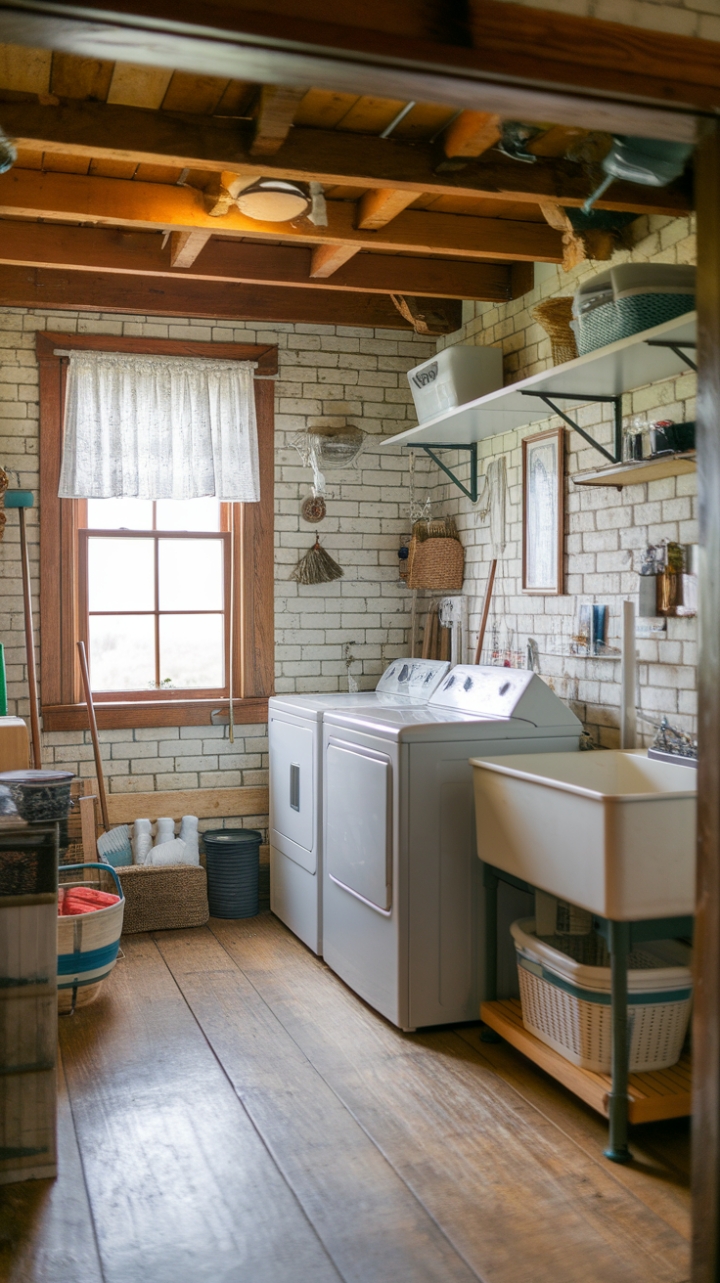 Cozy Farmhouse Laundry Space with Warm Wood and Exposed Brick