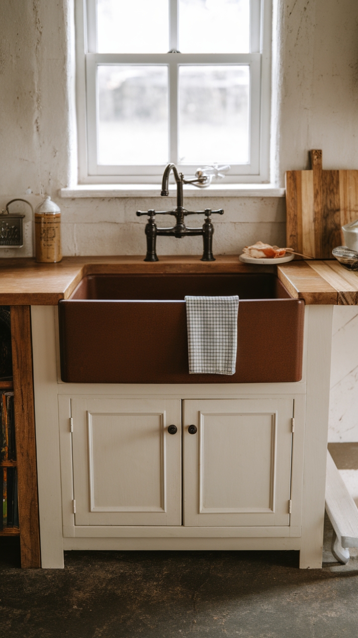 Country Elegance: Fireclay Apron Front Sink with Warm Accents