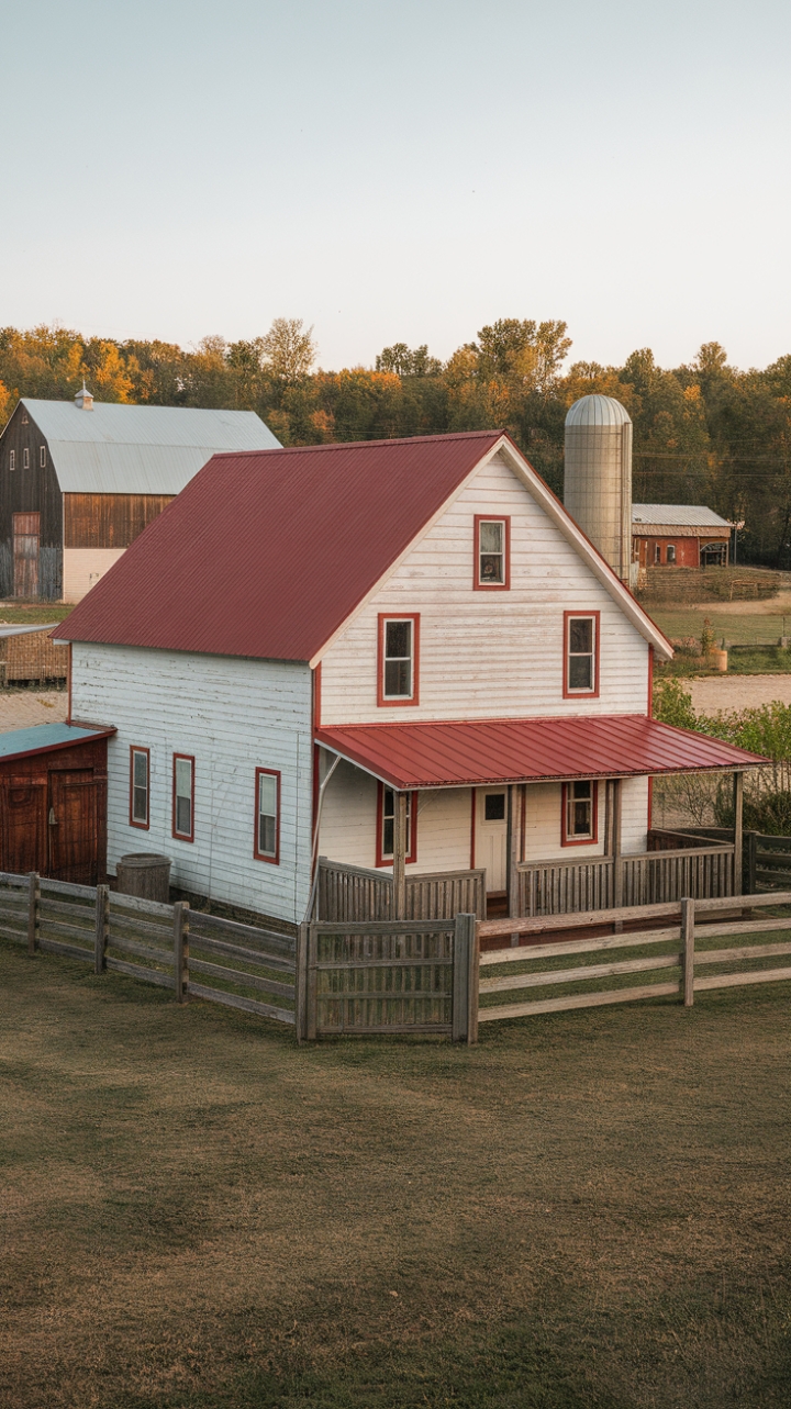 Charming Farmhouse with Red Roof and Rustic Appeal