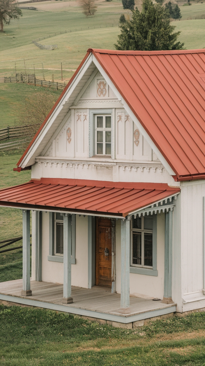 Charming Countryside Retreat with Red Roof and Wraparound Porch
