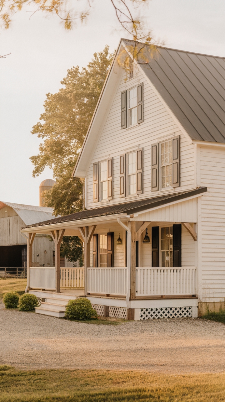 Idyllic Rural Retreat with White Facade and Cozy Porch