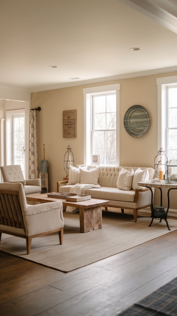 Rustic Charm Meets Modern Comfort in a Cozy Farmhouse Living Room