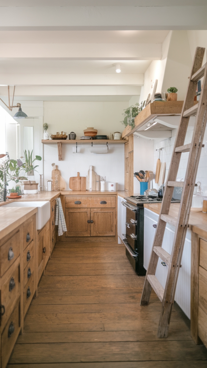 Cozy Farmhouse Kitchen Featuring Black Stove and Vintage Touches