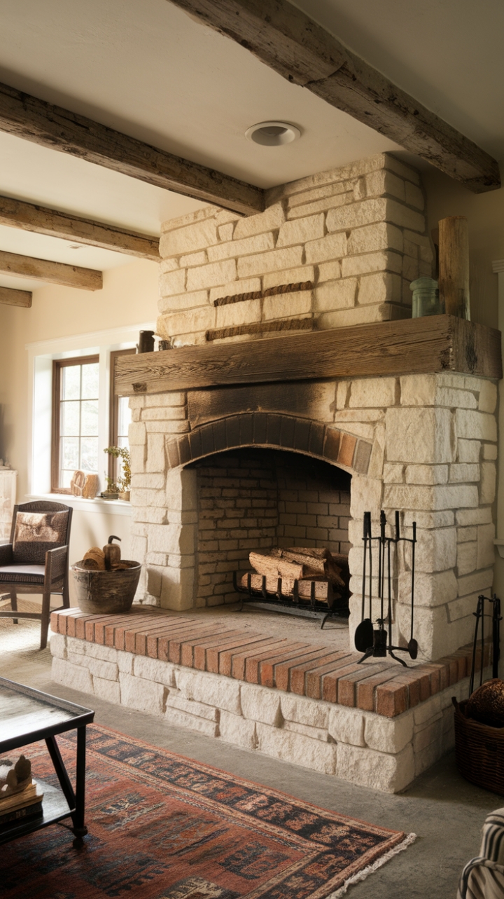 Rustic Charm: A Farmhouse Living Room with Stone Fireplace and Reclaimed Details