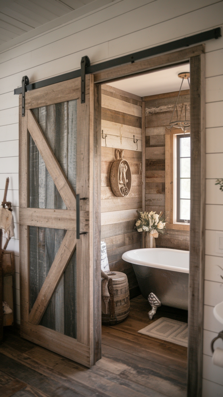 Rustic Farmhouse Sanctuary Featuring Reclaimed Wood and a Luxurious Soaking Tub
