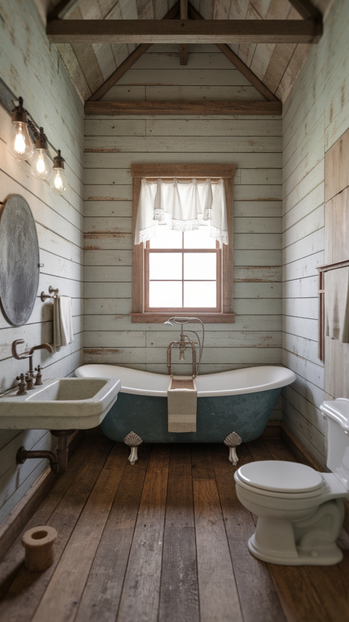 Rustic Charm: Vintage Farmhouse Bath with Reclaimed Wood and Clawfoot Tub