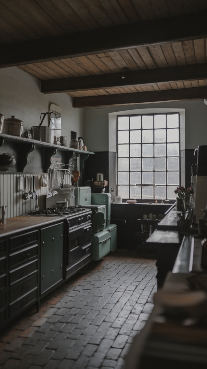 Farmhouse Charm: A Bold Black and White Kitchen with Green Accents