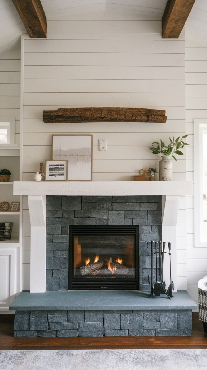 Transitional Farmhouse Fireplace with Shiplap and Dark Stone Accents