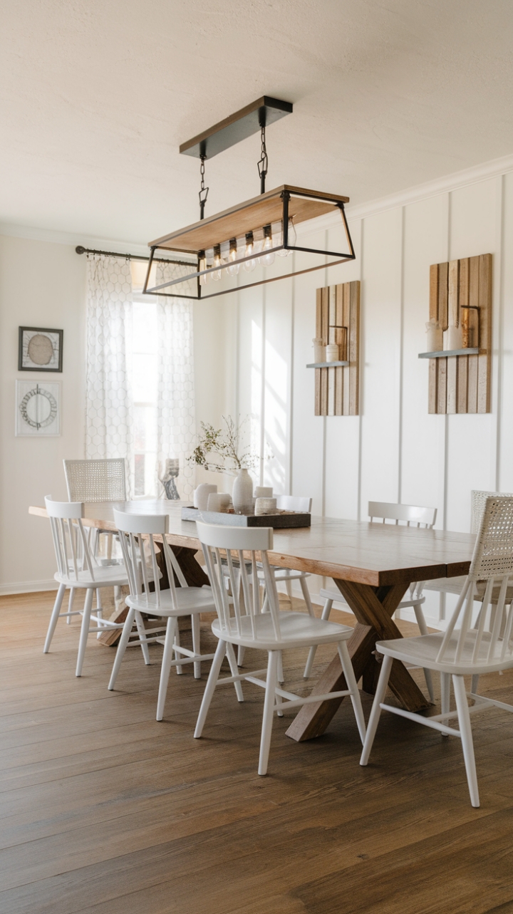 Bright and Cozy Farmhouse Dining Space with Elegant Lighting