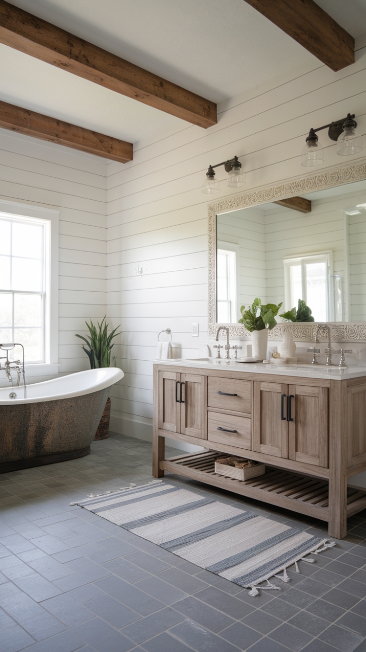 Contemporary Farmhouse Bathroom with Wooden Vanity and Shiplap Walls