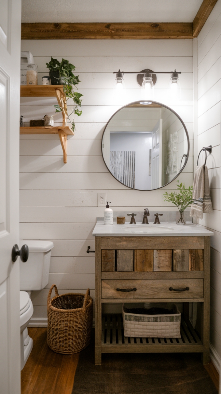 Warm and Inviting Rustic Modern Bathroom with Shiplap and Wooden Accents