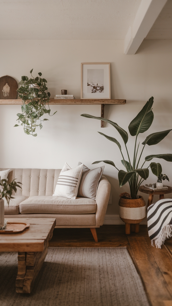 Rustic Charm Meets Modern Minimalism in a Serene Living Room