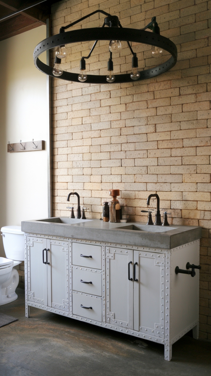 Industrial Elegance: Concrete, Brick, and Bronze in a Modern Farmhouse Bathroom
