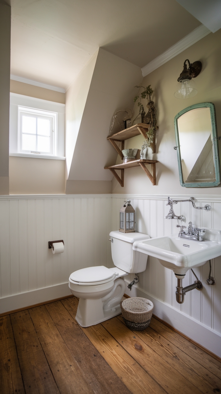 Vintage Details and Natural Light Enhance Rustic Farmhouse Powder Room