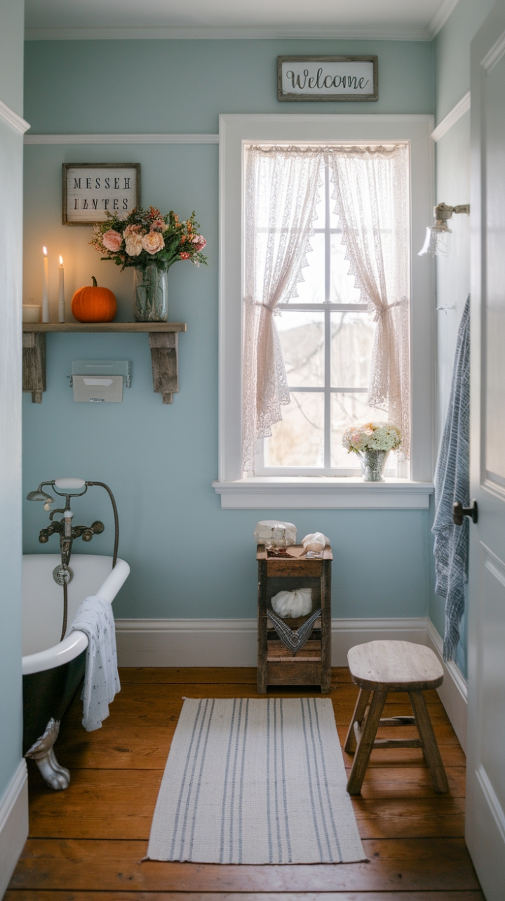 Serene Farmhouse Powder Room with Soft Blue Walls and Rustic Charm